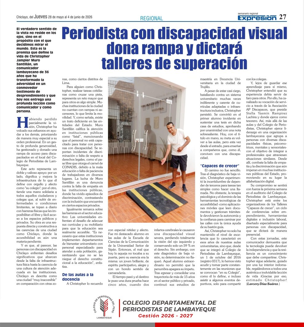 Periodista con discapacidad visual dona rampa y dictará talleres de superación