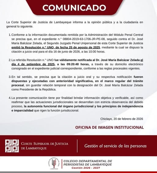 Comunicado sobre la Corte Superior De Justicia