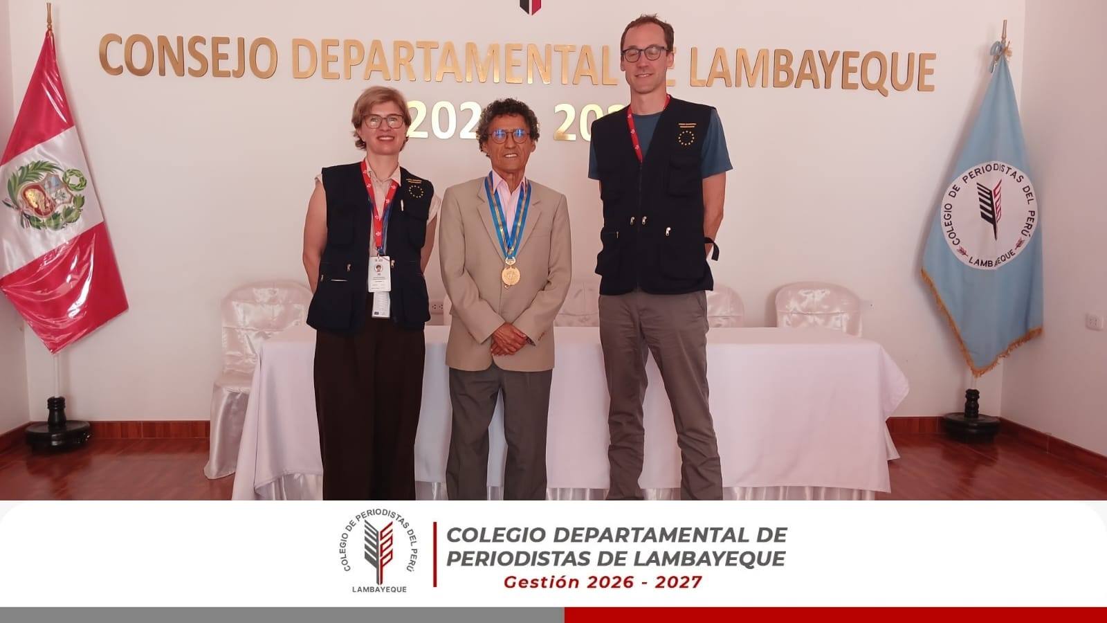 El decano del Colegio de Periodistas de Lambayeque, Larcery Díaz Suárez, se reunió con miembros de la Misión de Observación Electoral de la Unión Europea-MOE UE Perú 2026.